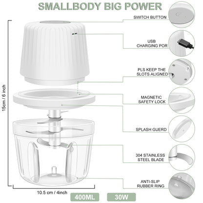 400ML Electric Garlic Chopper, 6 Blades Garlic Grinder Mini Vegetable Chopper, USB Portable Veggie Chopper, Onion Mincer, Food Processor for Ginger, Chili, Fruit, Meat