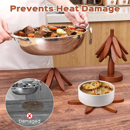 Wooden Tree Trivets for Hot Dishes - Set of 4 with Stand, Natural Foldable Kitchen 1 Stand Like a Christmas Tree Wooden Hot Pads Heat Resistant Trivets for Pots, Pans, Bowls & Teapots (Walnut-4)