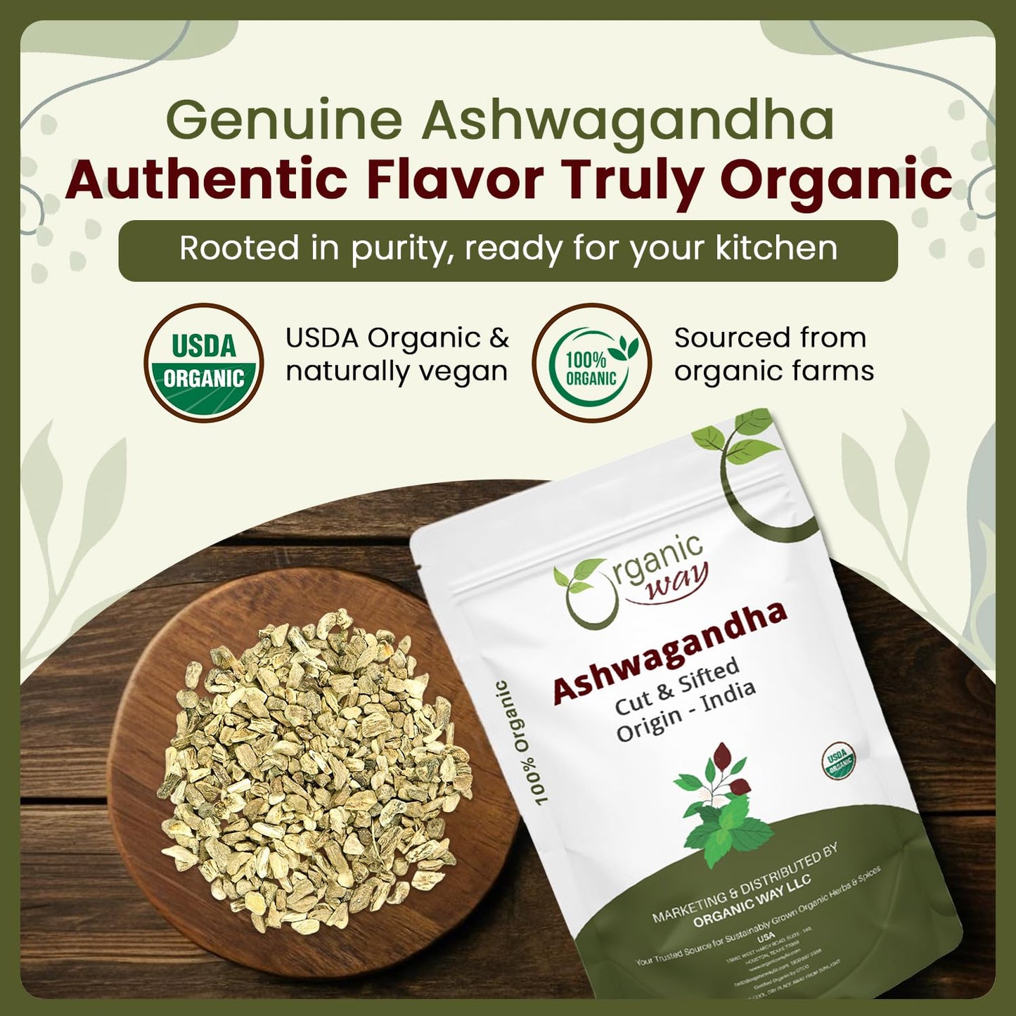 Organic Way Ashwagandha Root Cut & Sifted (Withania somnifera) - Organic & Kosher Certified | Vegan, Non GMO & Gluten Free | USDA Certified | Origin - India (1LBS / 16Oz.)