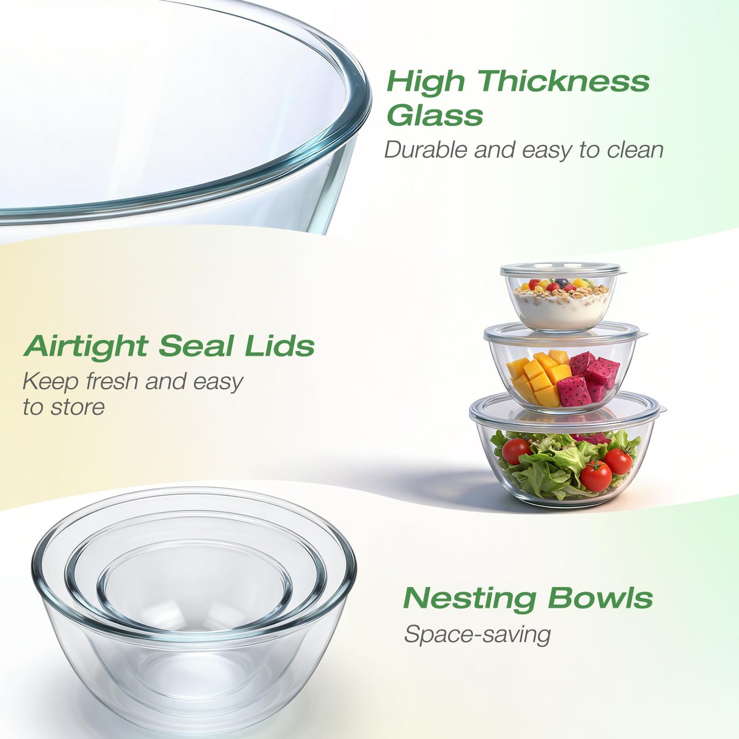 Glass Mixing Bowls with Lids Set(4.7QT, 2.9QT, 2.2QT, 1.1QT, 0.53QT), 5 Packs Thick Glass Bowls Set, Large Nesting Bowls for Kitchen Baking, Prepping, Cooking, Dishwasher, Oven, Microwave Safe