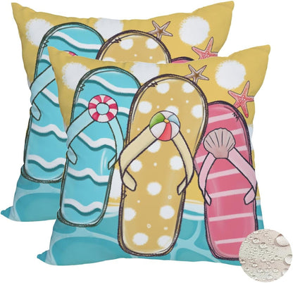 2 Pack Waterproof Summer Throw Pillow Covers 24x24 Inch, Blue Ocean Sea Sand Flip Flops Tropical Beach Decor