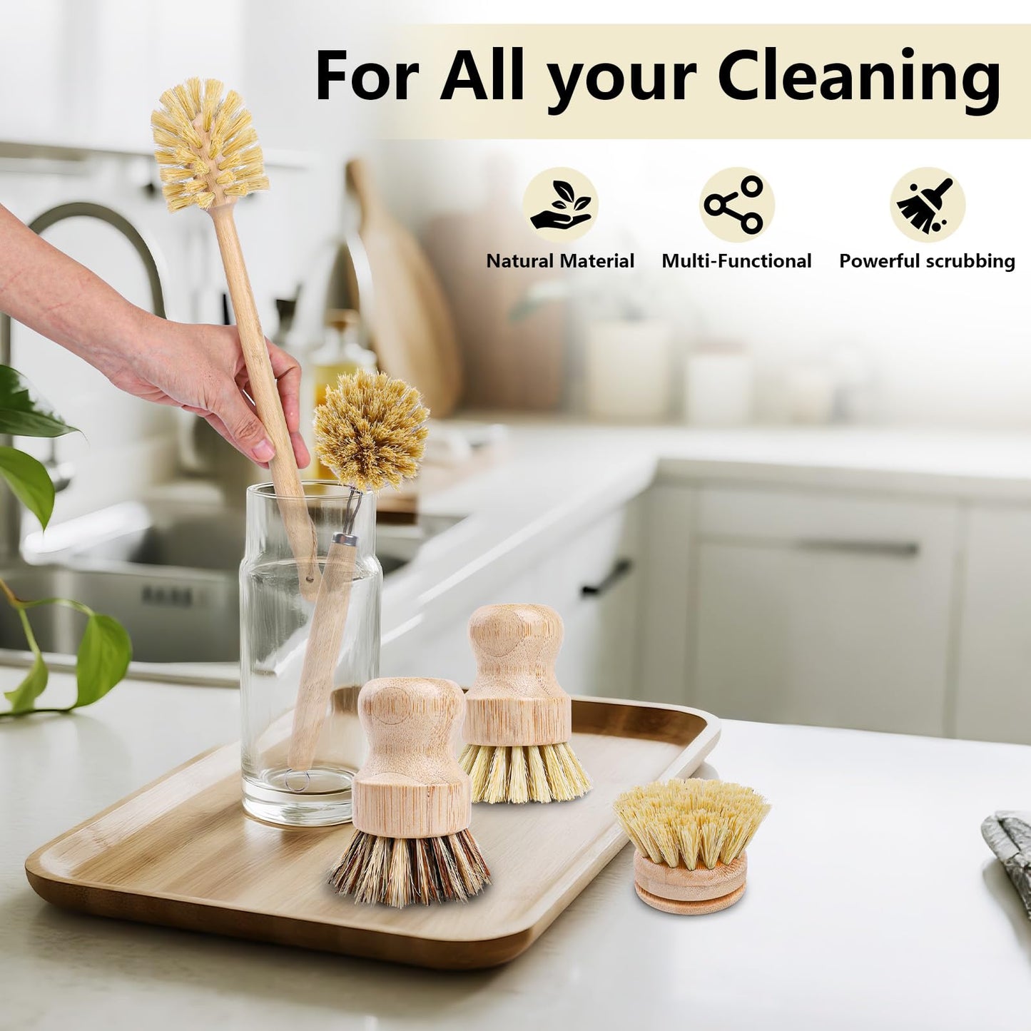 BONUMVITA 5 Pack Bamboo Dish Brush Set, Wooden Dish Brush with 14’’ Bottle Brush, Natural Kitchen Scrub Brush for Dishes Pots, Pans, Sinks, Woks, Vegetables