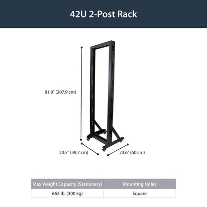 StarTech 42U 2-Post Open Frame Server Rack, 19in Rolling IT Rack with 661lb (300kg) Weight Capacity, Space-Saving Floor-Standing Network Rack