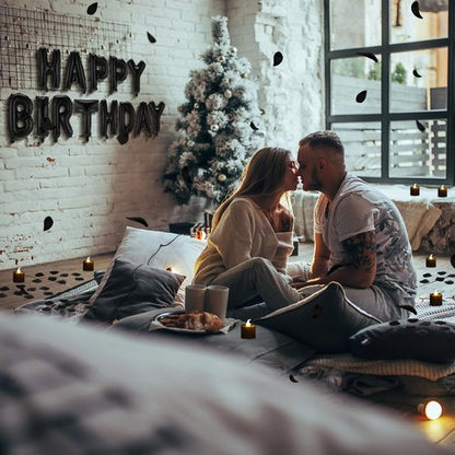 Charnoel Black Happy Birthday Balloons Decorations Happy Birthday Letter Balloons Banner Set with 24pcs Round Flameless LED Candles and 2000pcs Artificial Rose Petals for Women Men Room Party Decor