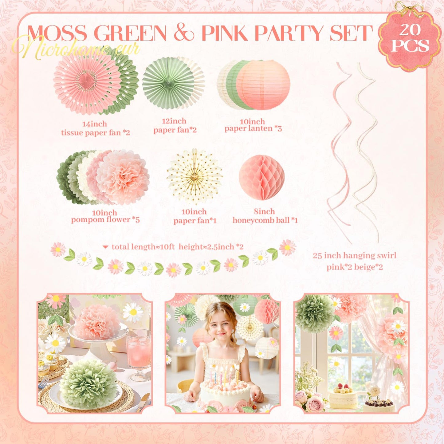 NICROHOME EUR Wedding Decorations, 20 PCS Sage Green and Pink Tissue Pom Poms Paper Lanterns Paper Fans 3D Flower Garlands for Bridal Shower Baby Shower Women Girls Birthday Garden Party Decor