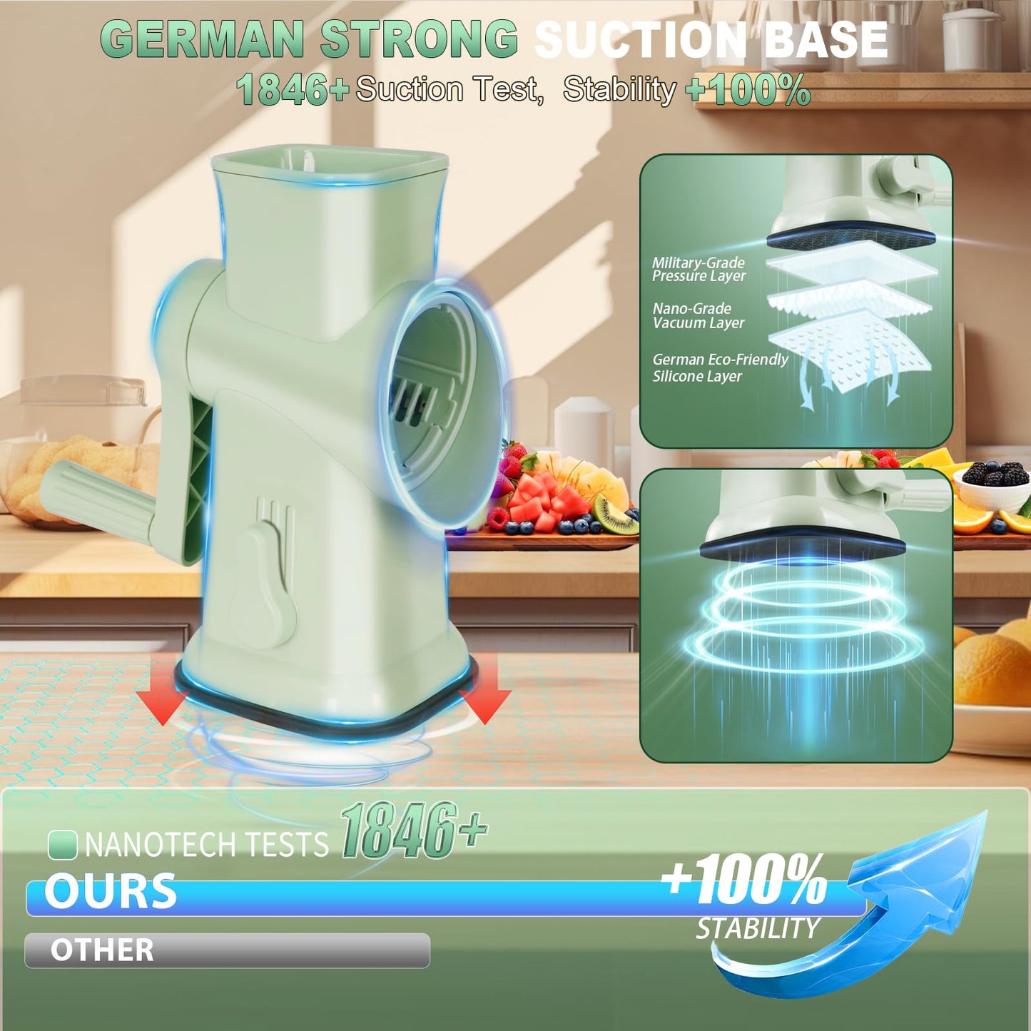 2025 Upgrade 6-In-1 Cheese Grater【 Military-Grade SUS304 Blade - 3S Fast Cut】【SGS Certification - German Nano Strong Suction Base】Cheese Grater Hand Crank Suitable for Home Use (Green 1)