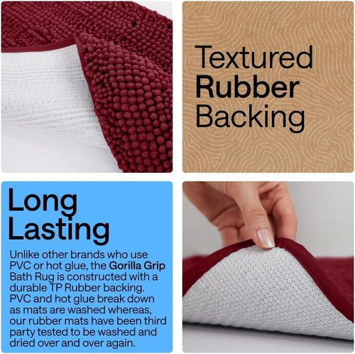 GORILLA GRIP Plush Chenille Bath Rug Mat - Soft Microfiber for Square Toilet Base | Machine Washable, Burgundy