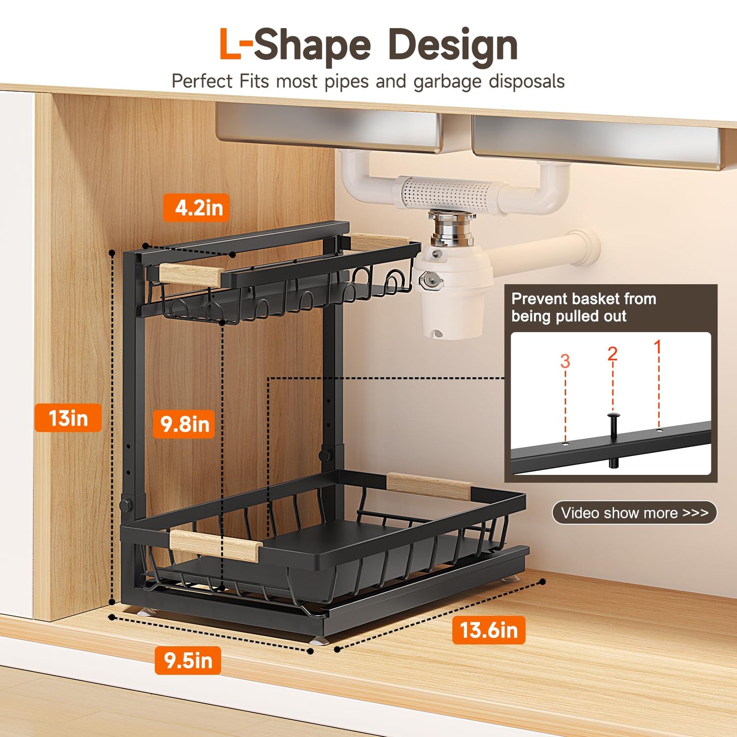 Sevenblue 2 Packs Under Sink Organizer, Height Adjustable 2 Tier Under Kitchen Sink Organizer, Multi-Purpose Storage Shelf for Kitchen Bathroom Cabinet (Black, Large)