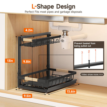 Sevenblue 2 Packs Under Sink Organizer, Height Adjustable 2 Tier Under Kitchen Sink Organizer, Multi-Purpose Storage Shelf for Kitchen Bathroom Cabinet (Black, Large)