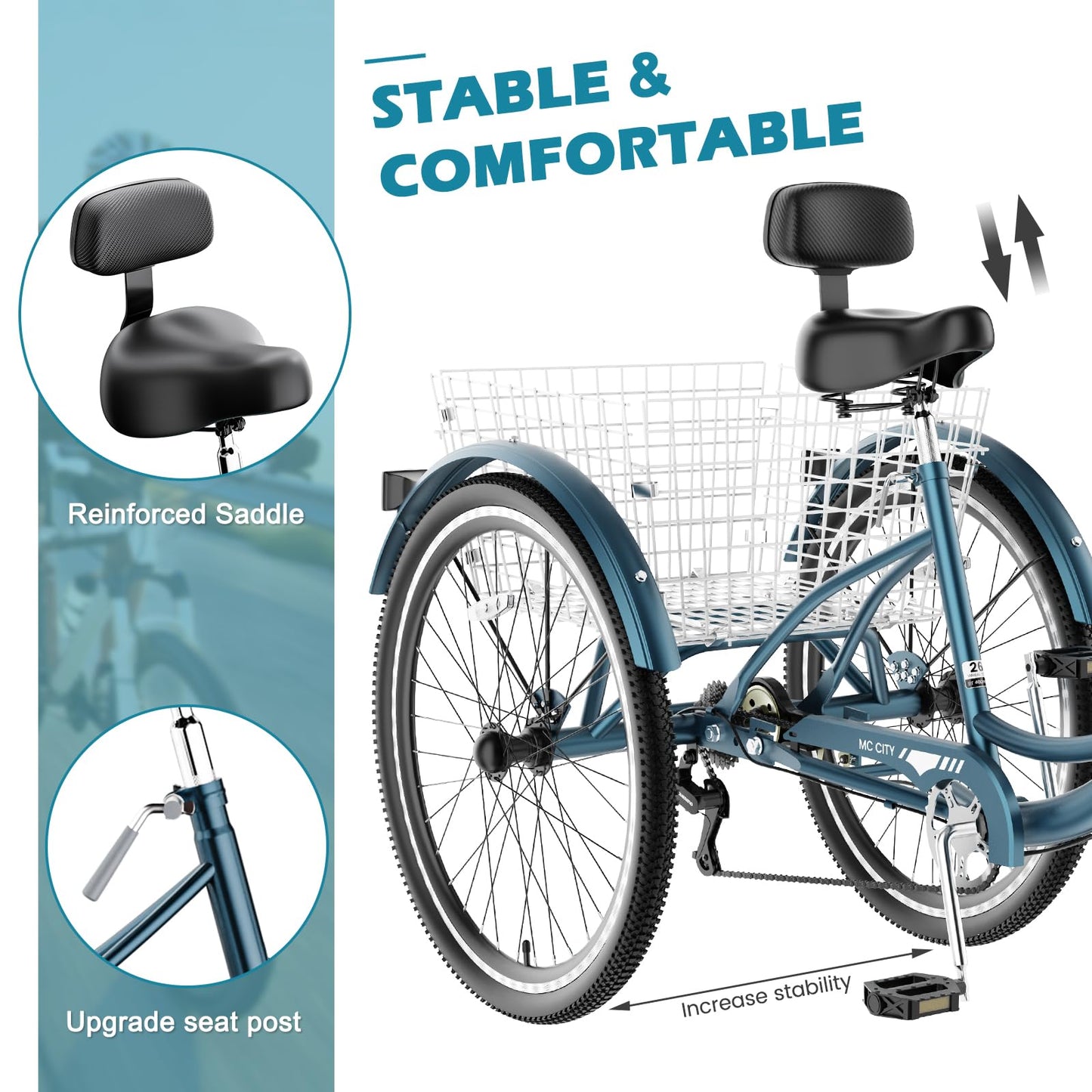 Slsy Adult Tricycle 7 Speed, 20/24/26 Inch Step-Through 3 Wheel Bike for Adults with Large Shopping Basket, 350 lb Capacity Adult Trike for Seniors, Women and Men