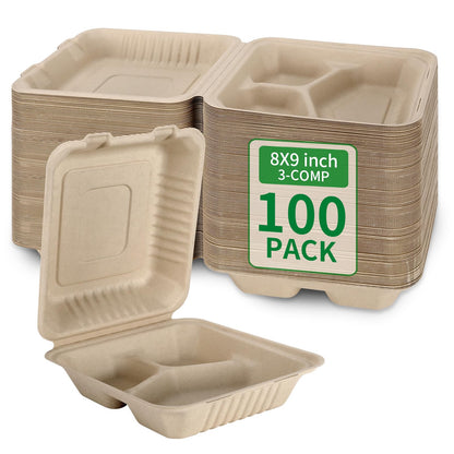 Aricsen 100 Pack 3 Compartment Compostable 8x9 Inch Takeout Lunch Box Containers with Lid To Go Take Out Clamshell for Food, Disposable Eco-Friendly Biodegradable Bagasse, PFAS-Free, Brown