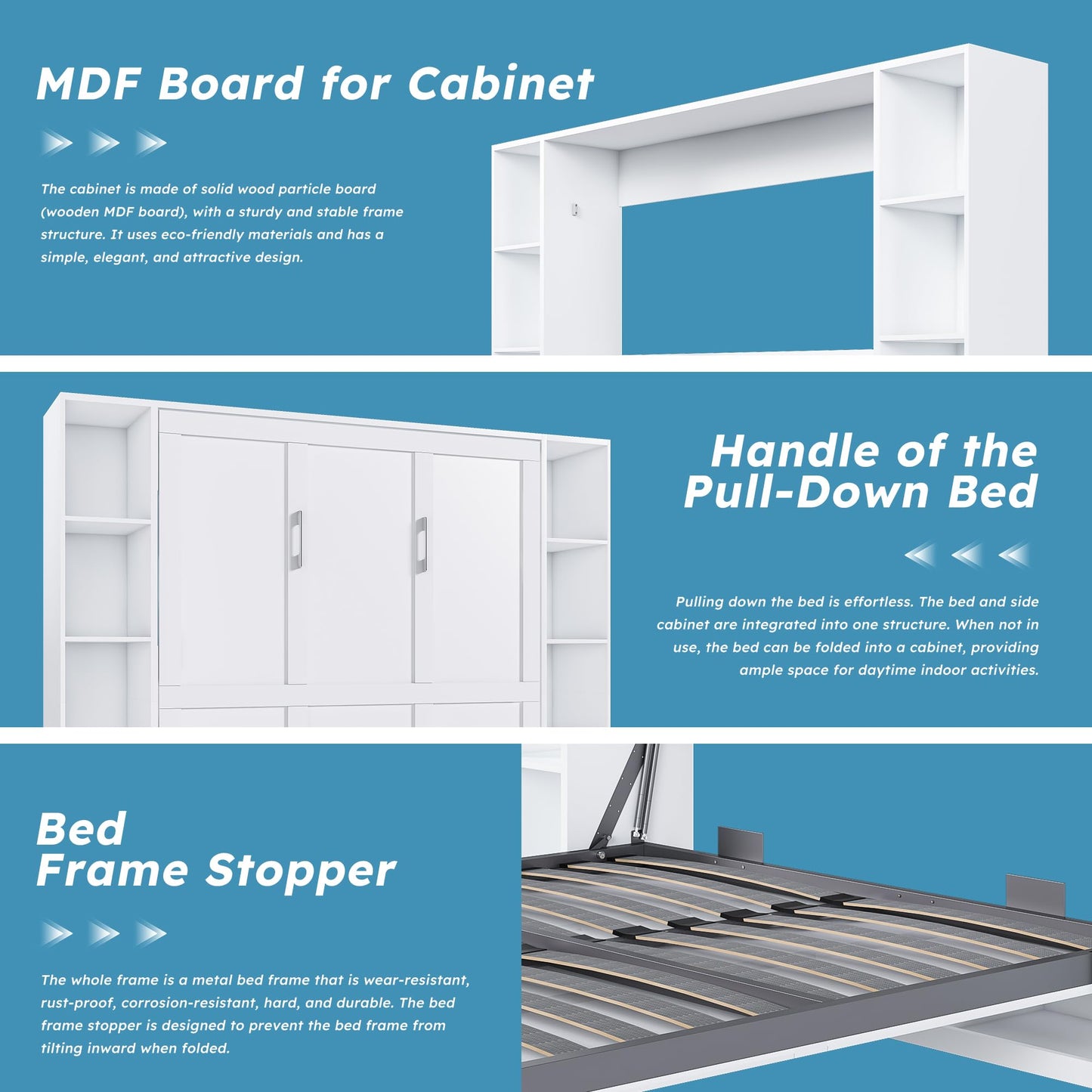 KEIKI Queen Size Murphy Bed Chest, Folding Cabinet Wall Bed Frame with Storage Shelves, Sapce Saving Hideaway Cabinets Beds Frames for Apartment Bedroom Guest Room, Wood Slats Support, White