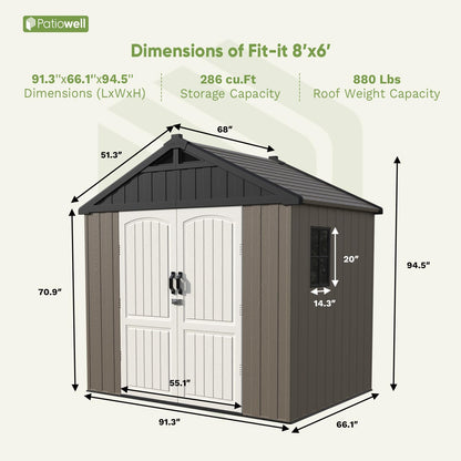 Patiowell 8 x 6 FT Plastic Outdoor Storage Shed with Floor, Resin Shed with Window and Lockable Door for Garden, Backyard, Tool Storage Use, Easy Assemble, Gray (Kick-it Shed)