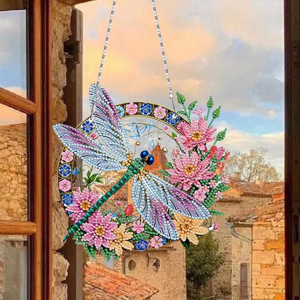 C'eitura 3Pcs 5D DIY Acrylic Fairy Dragonfly Butterfly Diamond Art Painting Hanging Pendants,Double-Sided Rhinestone Crystal Craft for Garden, Window, and Home Decor