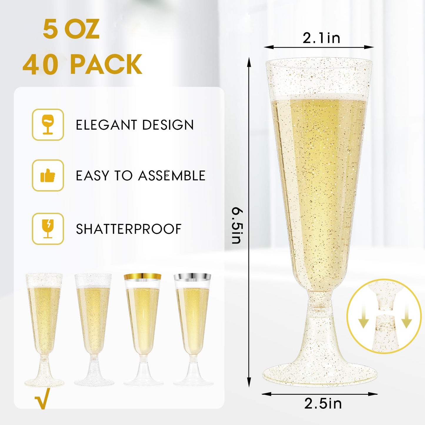 SUREHOME Champagne Flutes Plastic 40 Pcs Gold Glitter Champagne Glasses Disposable Mimosa Glasses Sparkle Clear Acrylic Wedding Toasting Cocktail Cups Bulk for Bridal Shower Birthday Party Supplies