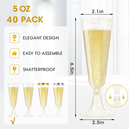SUREHOME Champagne Flutes Plastic 40 Pcs Gold Glitter Champagne Glasses Disposable Mimosa Glasses Sparkle Clear Acrylic Wedding Toasting Cocktail Cups Bulk for Bridal Shower Birthday Party Supplies