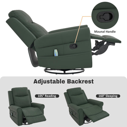 Merax 270°Swivel Rocker Recliner Chair, PU Leather Manual Recliner with Massage and Heating, Dual Reclining Positions and Side Pocket and for Living Room, Bedroom, or Nursery, Green