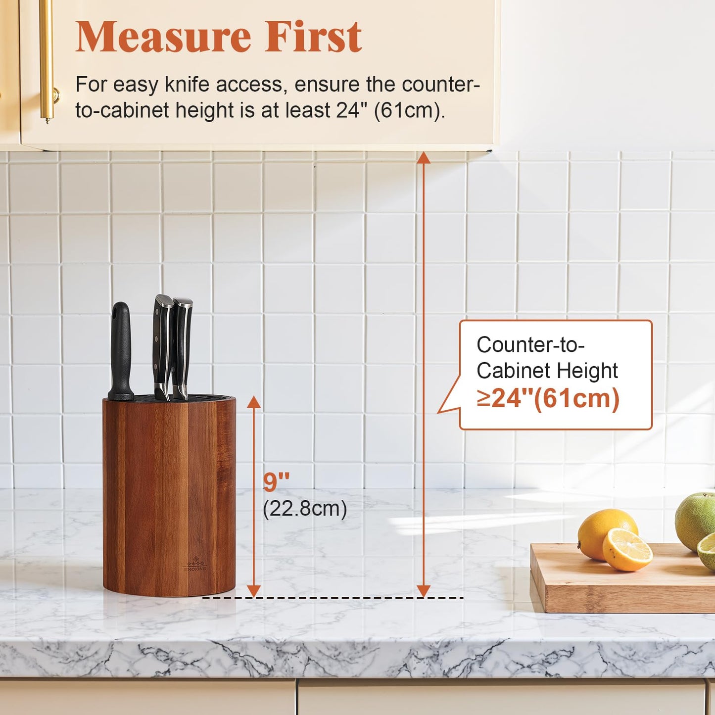Enoking Universal Knife Block Holder with Plastic Lid, Acacia Wood Knife Block without Knives for Scissors, Sharpening Rod and Knives, Round Knife Storage Organizer Display