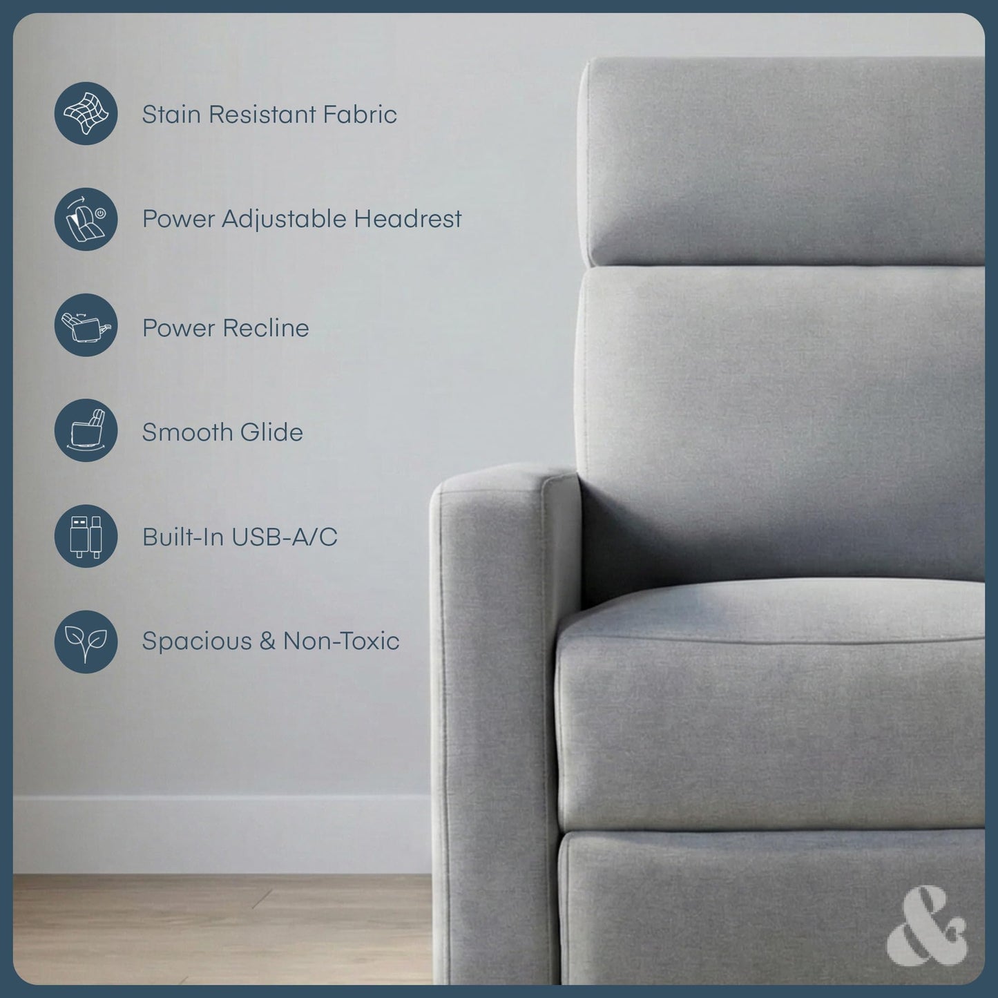 Nurture& The Glider Premium Power Recliner Nursery Glider Chair with Adjustable Head Support | Designed with a Thoughtful Combination of Function and Comfort | Built-in USB Charger (Gray)