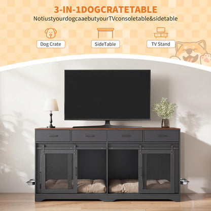 Garvee Double Dog Crate Furniture, 71'' Large Dog Crate Furniture for 2 Dogs with 4 Sliding Doors and 4 Drawers, Dog Kennel Furniture for Large Dogs Indoor with Feeding Bowls, Black