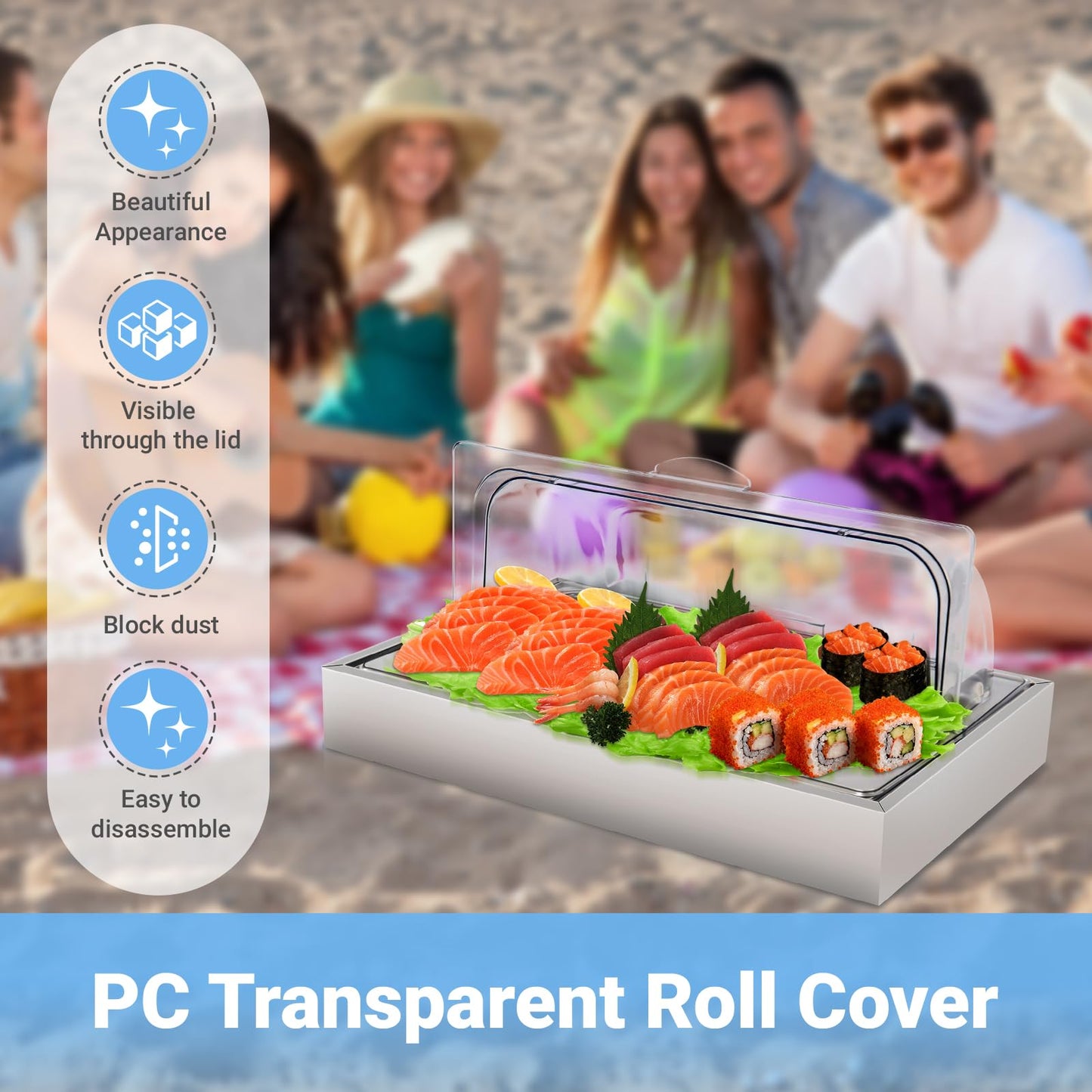 Countertop Ice Food Serving Display Tray with 1 Pan, Portable Salad Bar Buffet Station, Stainless Steel Cold Food Buffet Server with Clear Roll Top Cover, Chilled Serving Tray for Home Party Buffet