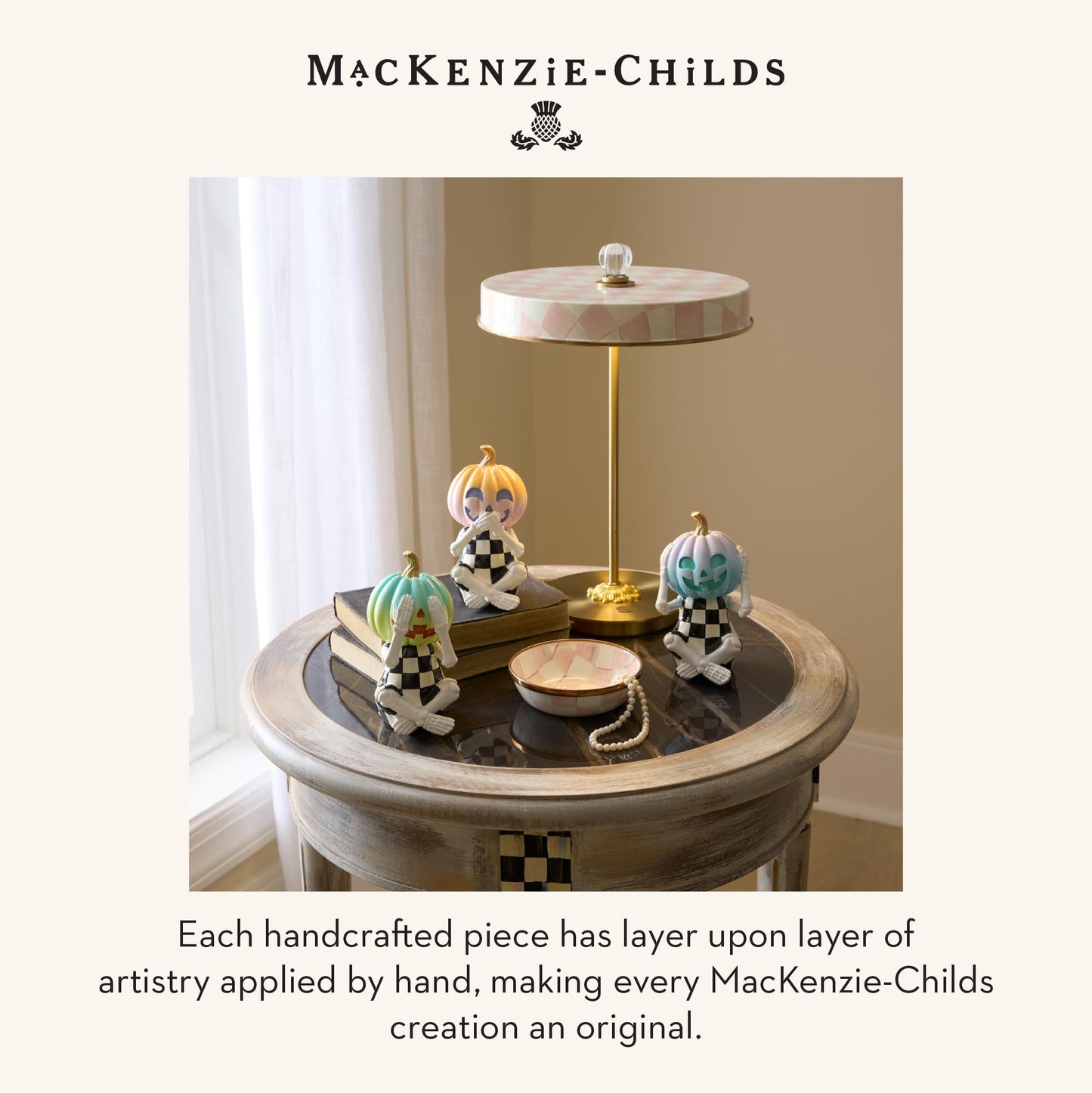 MACKENZIE-CHILDS LED Rechargeable Disk Table Lamp, Cordless Touch Lamp, Pink-and-White Rosy Check
