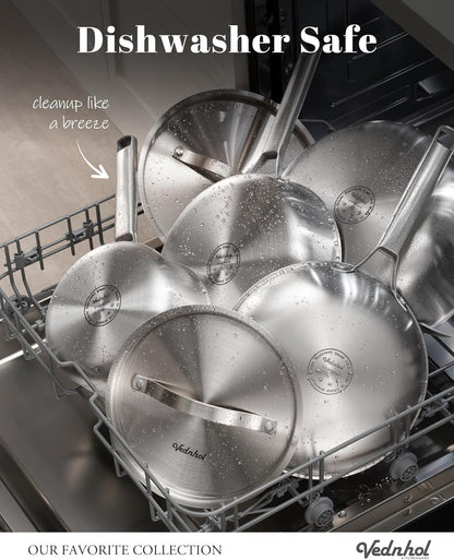 VEDNHOL Stainless Steel Frying Pan 12 Inch with Lid, Fully Clad Tri-Ply Stainless Steel Skillet for Even Heating, Brushed Finish, Dishwasher & Oven Safe, Induction & All Stovetops Compatible