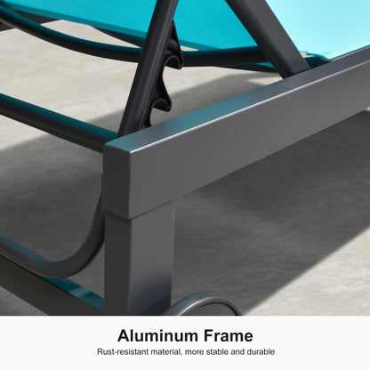 PURPLE LEAF Outdoor Chaise Lounge with Wheels Armrests Aluminum Pool Lounge Chairs Set of 2 Patio Chaise Lounge with 5 Position Recliner Includes Side Table for Deck Yard Poolside Turquoise Blue