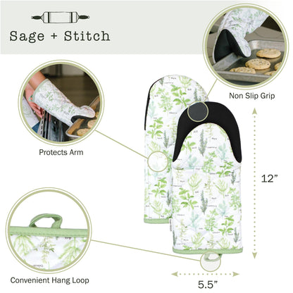 Sage+Stitch Heat Resistant Designer Kitchen Oven Mitts with Neoprene Non-Slip Grips and Hanging Loops | Set of 2 100% Cotton Long Sleeve Kitchen Oven Mitts | 5.5" x 12" | Green Herbs