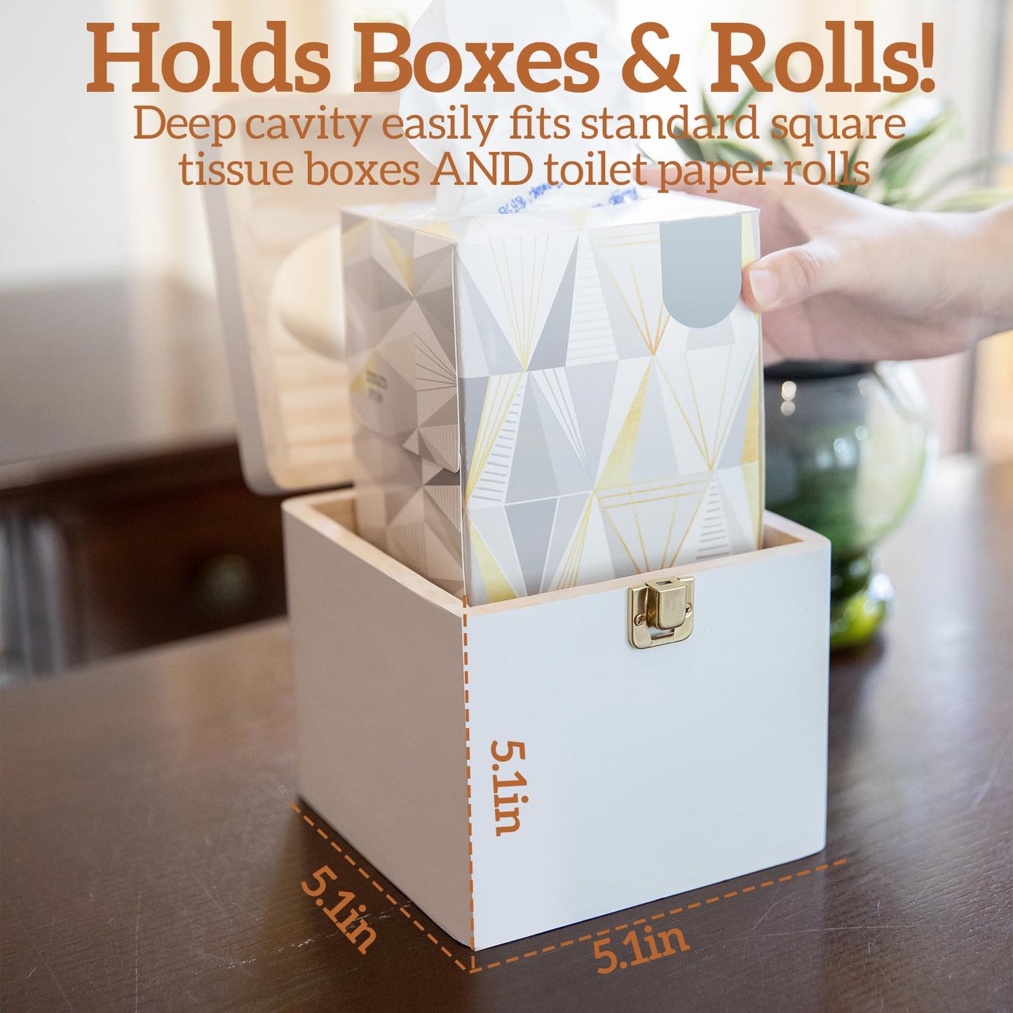 White Square Tissue Box Cover with Metal Switch, Tissue Box Holder with Lid, Solid Wood Countertop Bathroom Accessories, Office Decor, Home Decor for Bathroom Room