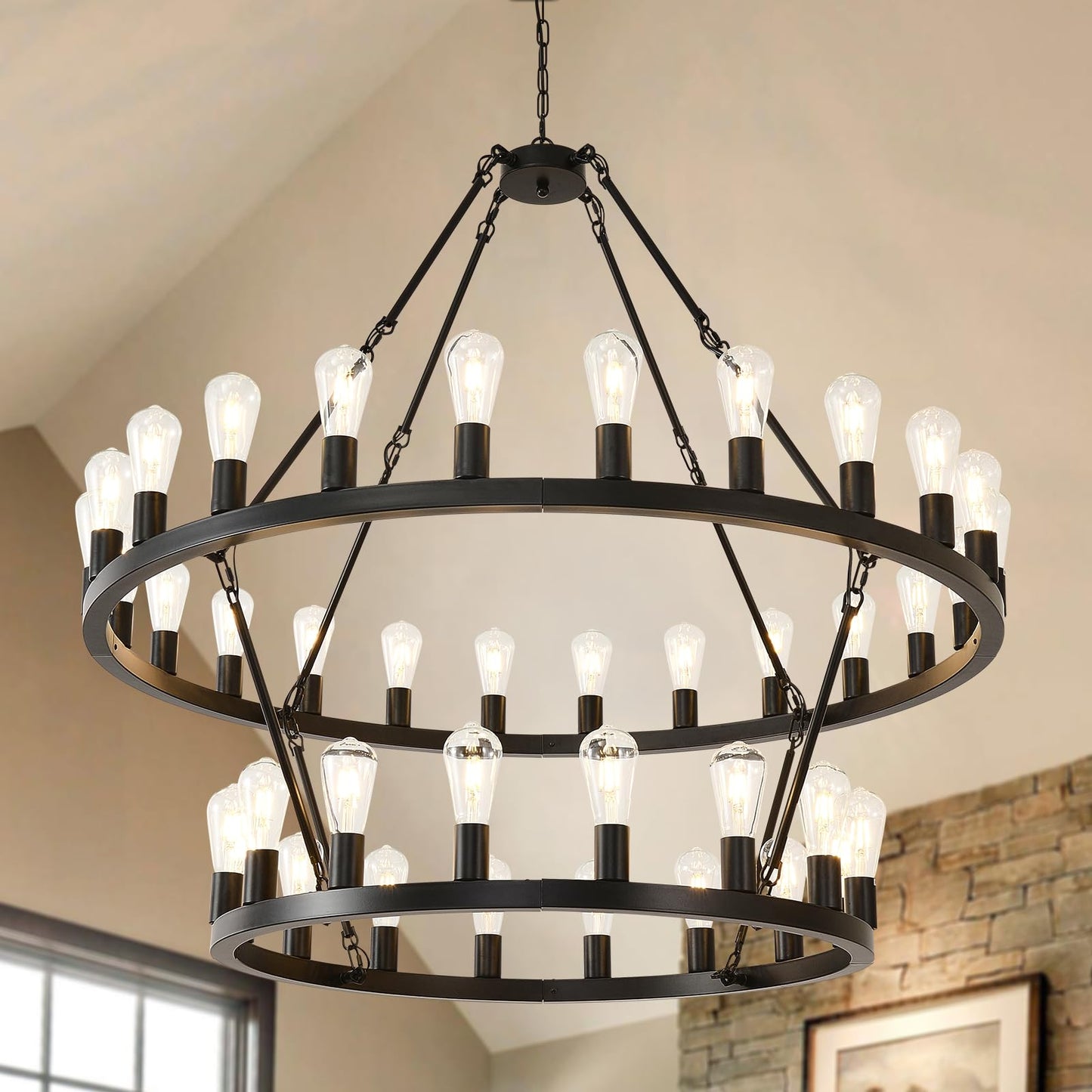 NILSE 2-Tier 48" Black Wagon Wheel Chandelier, 40-Light Extra Large Chandeliers for High Ceilings, Rustic Farmhouse Light Fixture for Living Room Stairs Foyer Entryway, E26