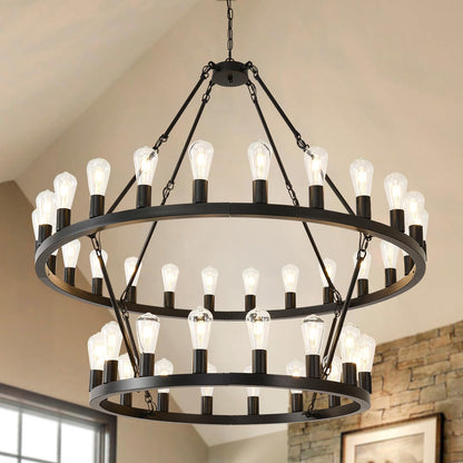 NILSE 2-Tier 48" Black Wagon Wheel Chandelier, 40-Light Extra Large Chandeliers for High Ceilings, Rustic Farmhouse Light Fixture for Living Room Stairs Foyer Entryway, E26