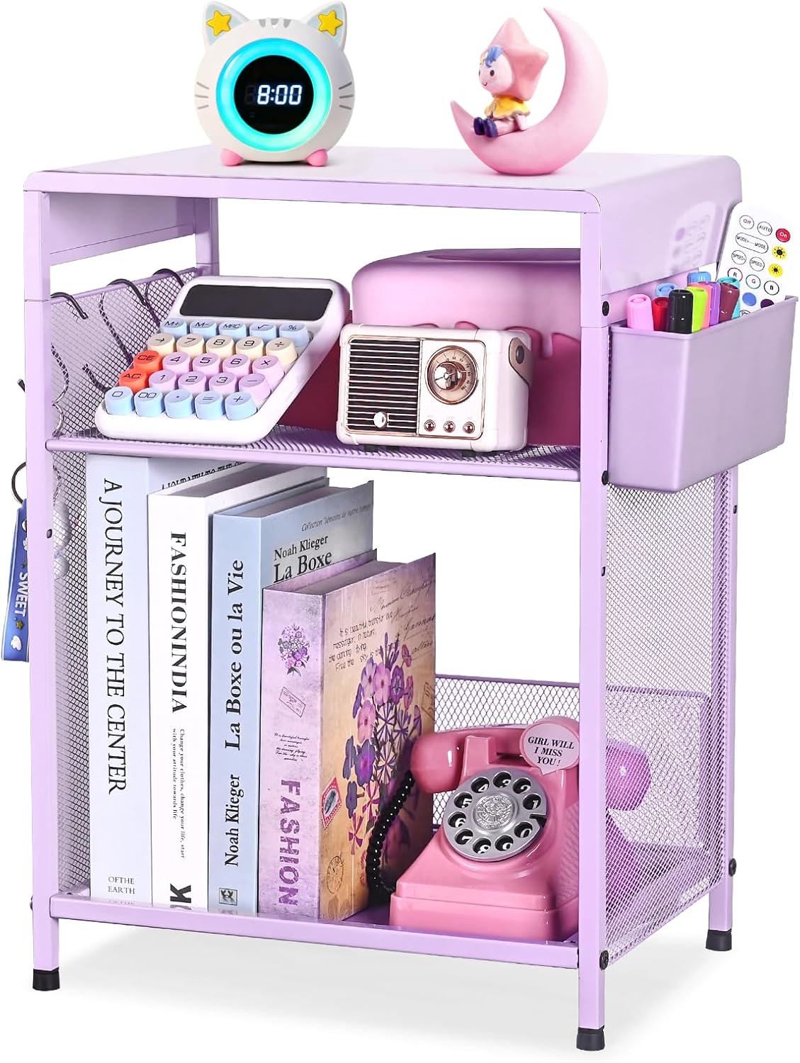 19in 3-Tier 3 ECOLOVI Kids Nightstand High for Floor Beds, Metal Small Bedside Table with Adjustable Storage Shelf