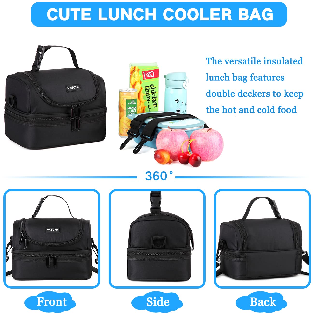 VASCHY Lunch Box Bag Men, Insulated Two Compartments Bento Cooler Bags for Adults/Women/Kids for School,Daycare,Kindergarten,Picnic Black