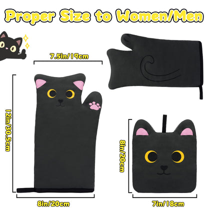 NIGOWAYS Oven Mitts,Cute Cat Design Cooking Glove,Quilted Cotton Lining,Heat Resistant Oven Mitts And Pot Holders Sets For Baking,Microwave,Cute Mitts Gift For Mom,Housewarming(Black)