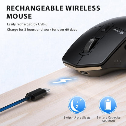 iClever Wireless Mouse with Bluetooth or USB Receiver, 5 Adjustable 2400DPI Rechargeable Computer Mice, Wireless Mouse for Laptop, iPad, MacBook, Tablet, PC