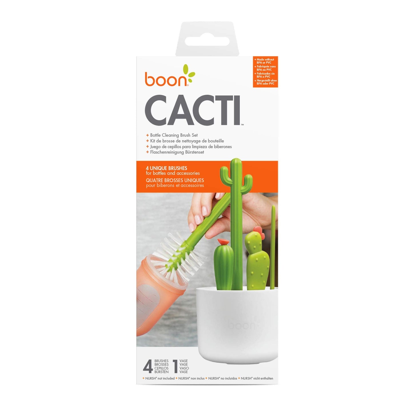 Boon Cacti Bottle Cleaning Brush Set - Includes Bottle Brush, Nipple Brush, Detail Brush, and Straw Brush - Baby Bottle Brush Set for Bottle Drying Rack - Baby Essentials - 4 Count