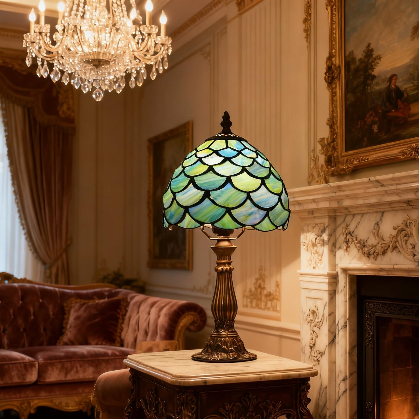 MOAN Small Lamp Stained Glass Table Lamp 8X14.5 Inch Bedside Reading Light Antique Light Desk Lamp(Green Fish Scale Style)