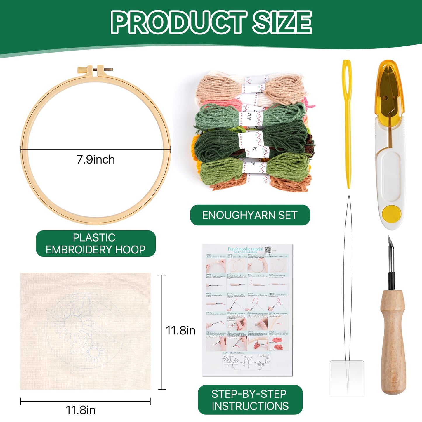 Aemygo Punch Needle Kit Adults Beginners, 3 Pcs DIY Easy Flower Embroidery Set for Starter Art Craft, Needling Punching Project with Patterns, Tools, Yarns, Hoop, Instruction