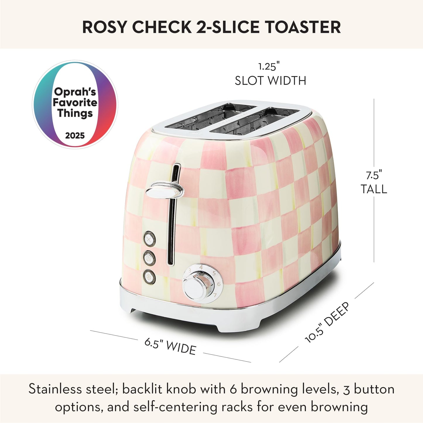 MACKENZIE-CHILDS 2-Slice Toaster, Decorative Toaster for Kitchen, Pink-and-White Rosy Check