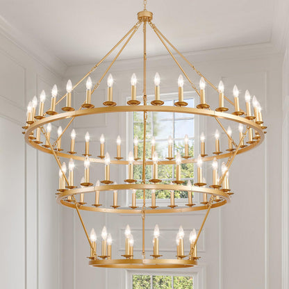 QJMPP 3 Tier Gold Wagon Wheel Chandelier,Extra Large 60-Inch 72-Light Circle Light Fixture,Round Chandeliers for Foyer Entryway Dining Room Living Room High Ceilings