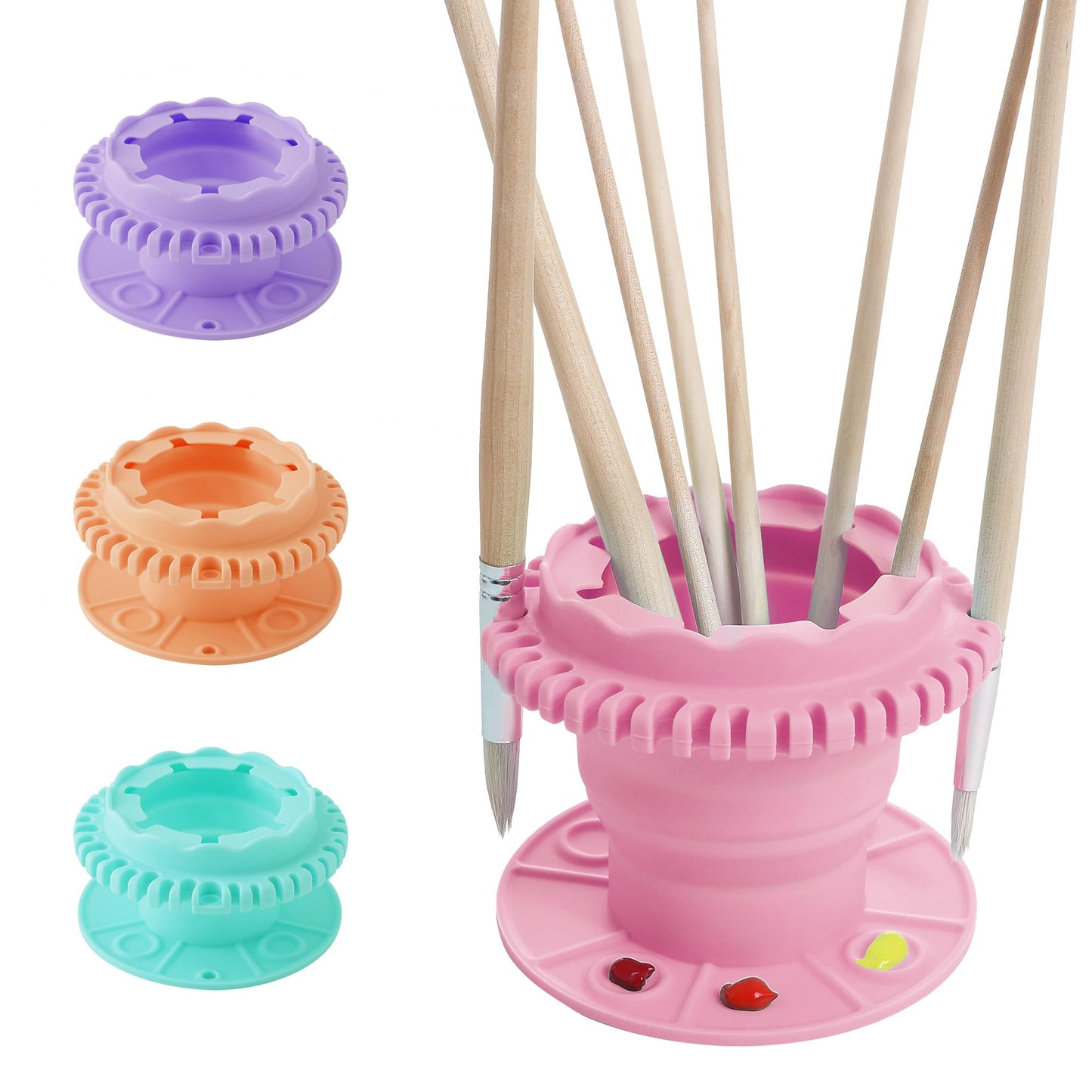 SESENSE Paint Brush Cleaner - Foldable Silicone Paint Brush Cleaner Rinse Cup with Palette and 40 Brush Storage Holder for Classroom Studio Outdoor Painting (1, Pink)