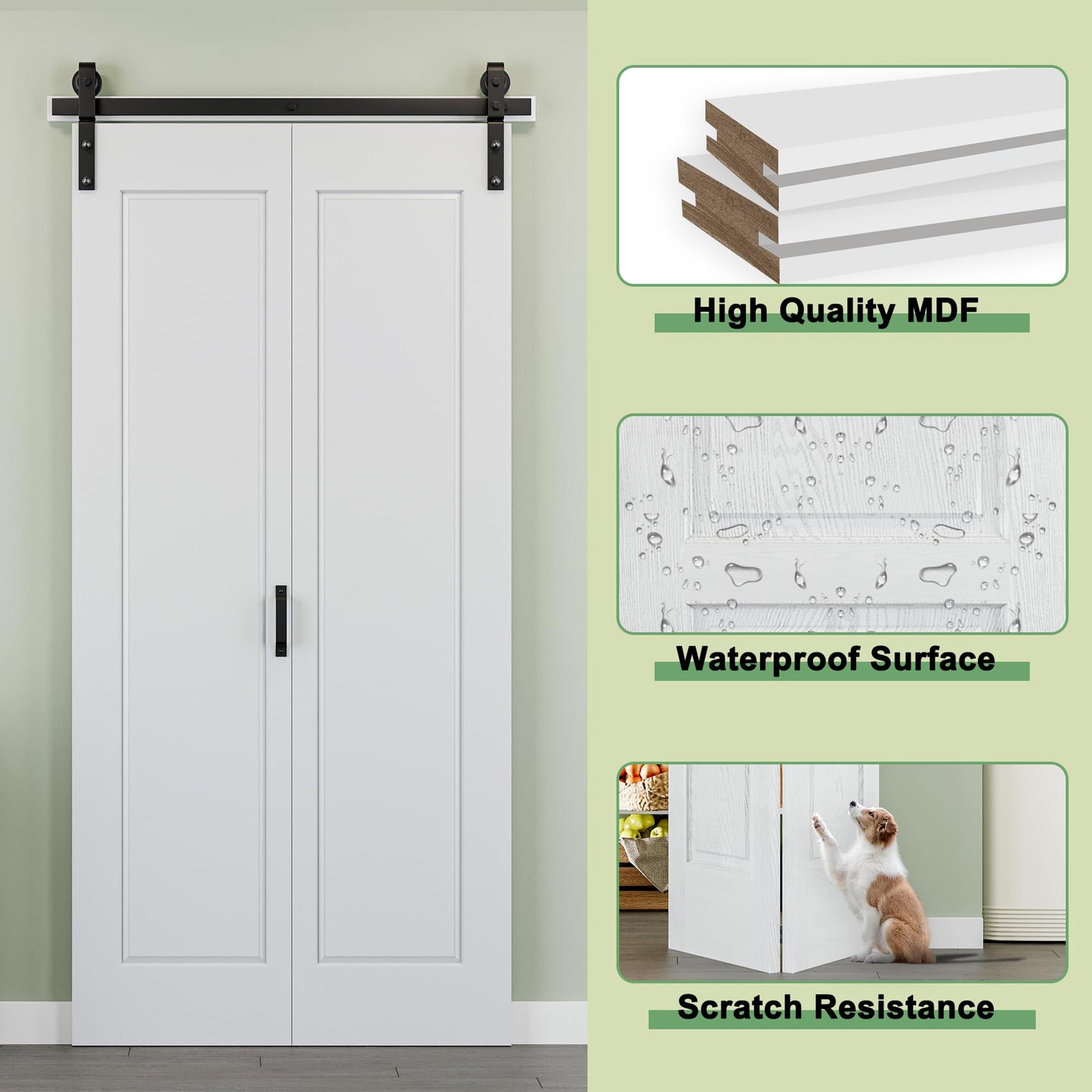 64" x 84" 1 Panel Bifold Barn Door, 72" Track Kit for 4 Closet Doors, Pre-Assembled Panel Bi-fold Barn Door for Pantry, Primed White Finish with Water-Resistant and Scratch-Resistant, Paintable