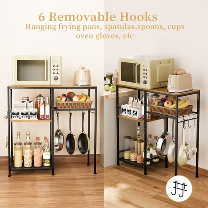 Consumest Microwave Stand, Adjustable Coffee Bar Cabinet, Multifunctional Pan Organizer with 6 Hooks and 3 Shelves, Bakers Rack for Shovel, Pots, Fruits, Vegetables, Brown&Black