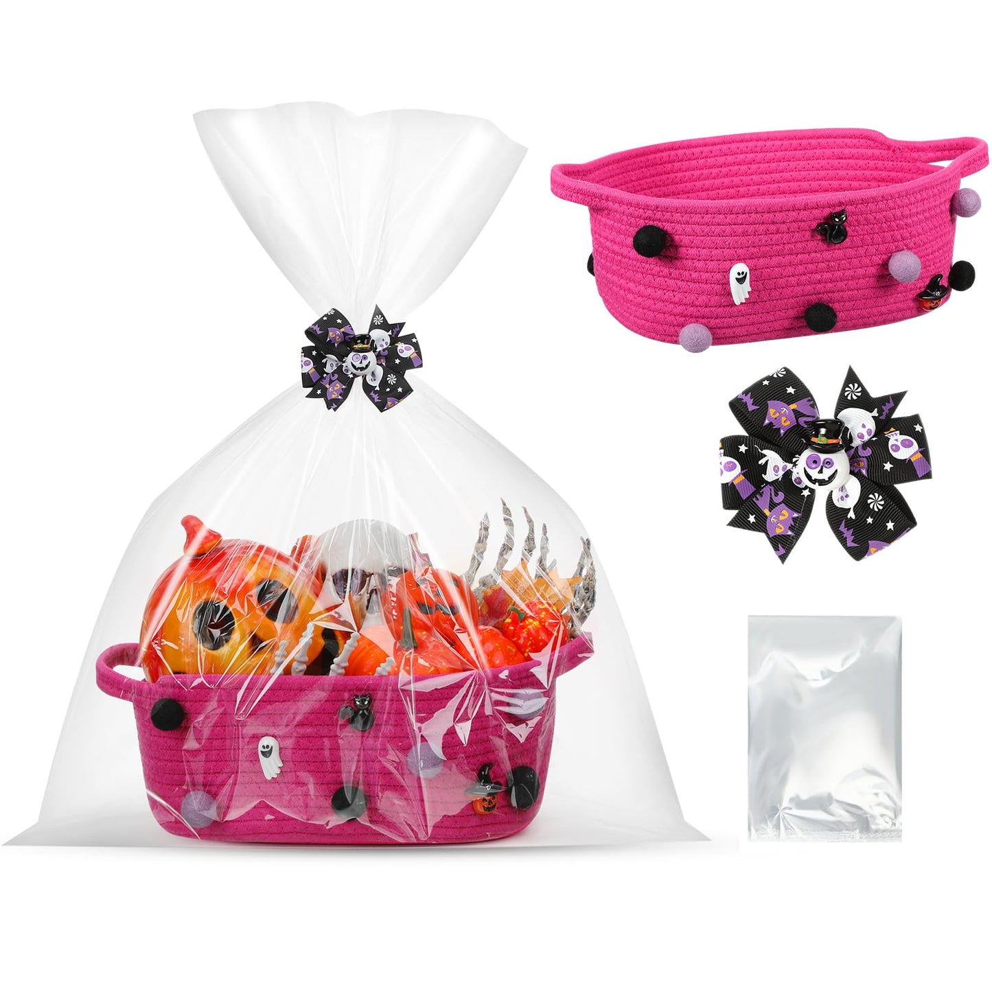 Teenyyou Halloween Gifts Basket Empty, 12" x 8" x 5" Woven Rope Basket with Gift Wrap Bag and Bow Clip for Halloween Party Gift Wrapping Decorations(Plum Red)