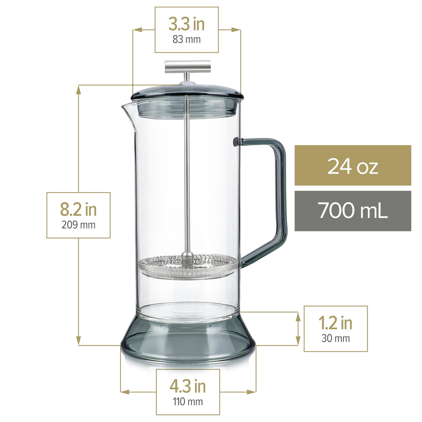 Teabloom Toulouse Borosilicate Glass Tea Press and Coffee Maker with No Plastic, 24-Ounce (700 mL) - Dusk Grey