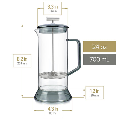 Teabloom Toulouse Borosilicate Glass Tea Press and Coffee Maker with No Plastic, 24-Ounce (700 mL) - Dusk Grey