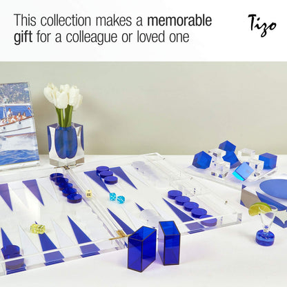 TIZO Elegant 18” Lucite Backgammon Set, Lucite Chips & Cups with Magnetic Closure, Elegant & Practical Boutique Quality Home Décor, Clear, Blue & White