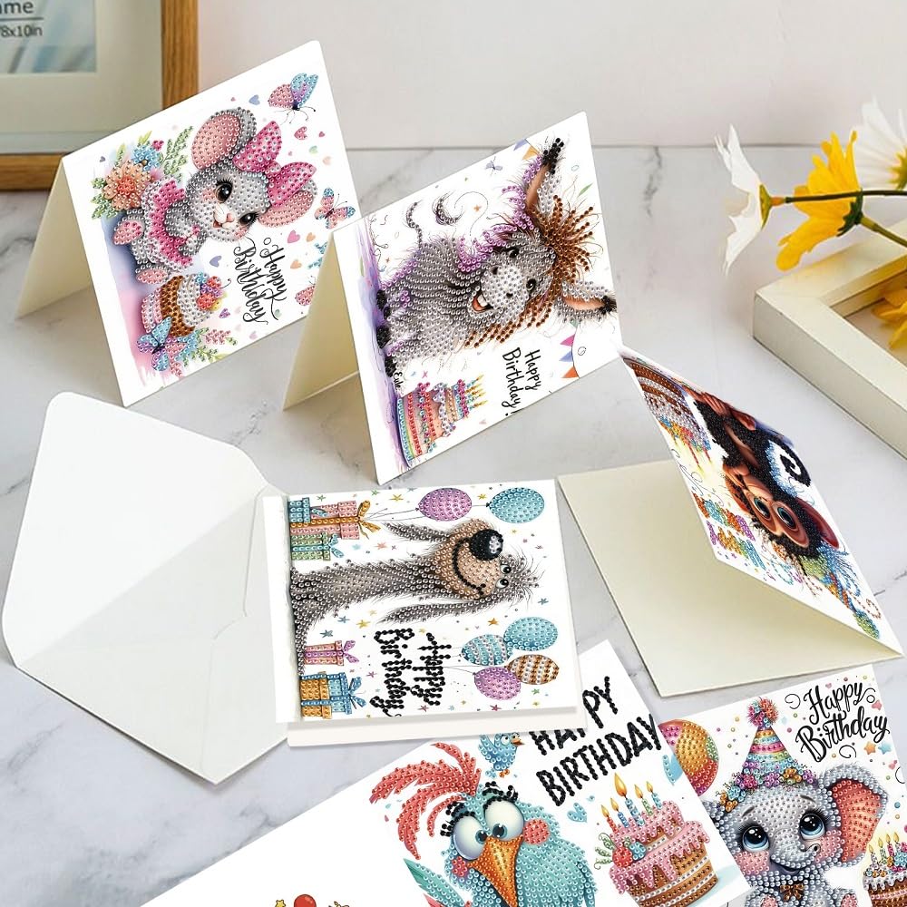 Focart 6-Pack Pets Birthday Diamond Painting Greeting Card Kits, Special Shaped Diamonds Painting, DIY Handcraft for Relatives and Friends with Wishes,Unique Design Crafting for Birthday Cards