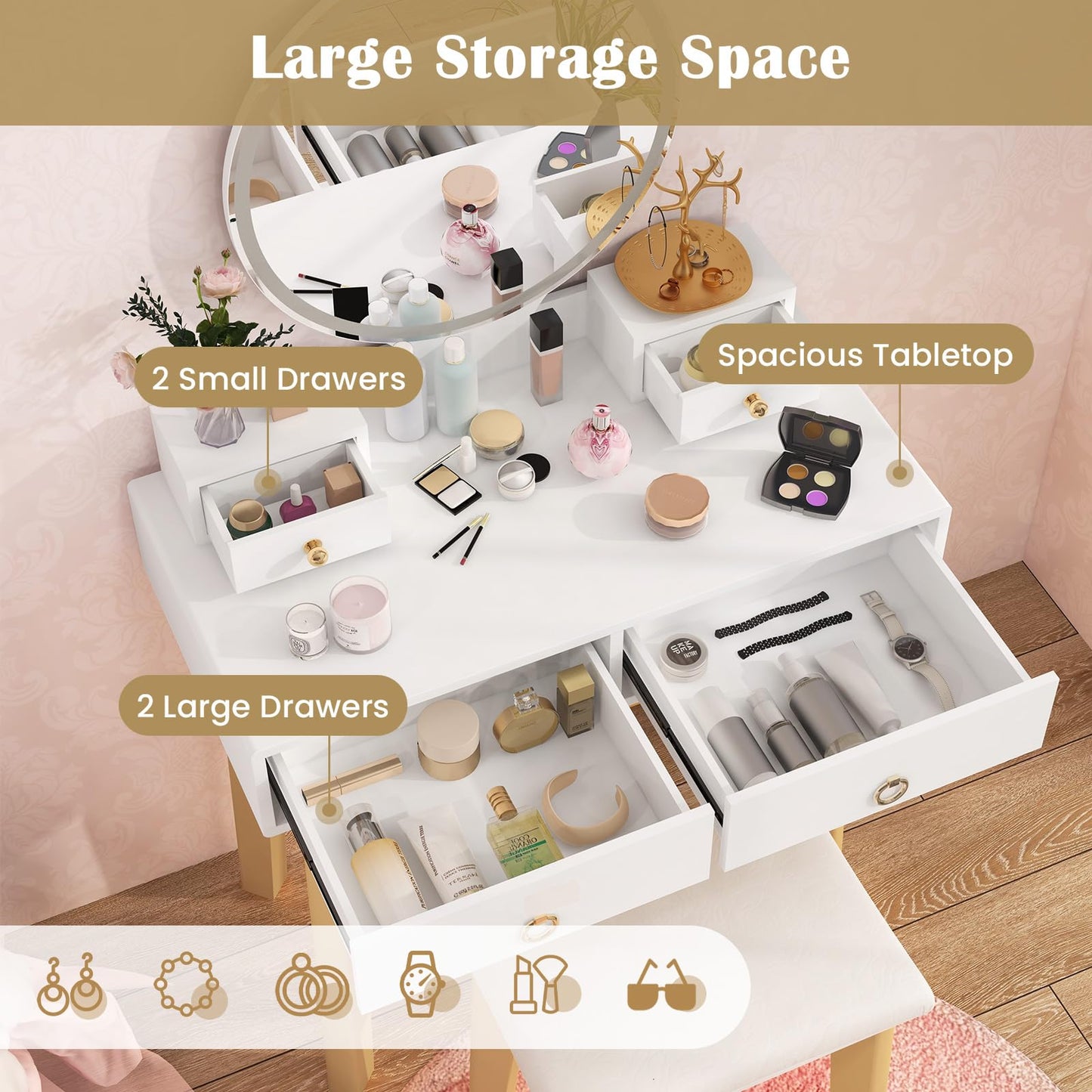 CHARMAID Vanity Desk with Mirror and Lights, White Makeup Vanity Desk with 4 Drawers, 3 Color Lighting Modes, Adjustable Brightness, Modern Dressing Table with Vanity Stool for Girls Small Bedroom